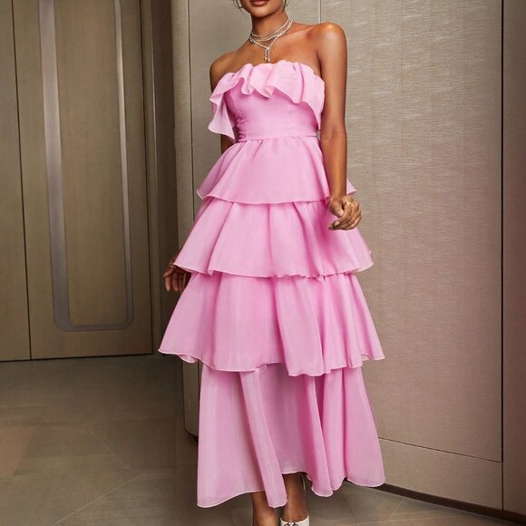 Pink Preppy Women's Ruffle Evening Tube Dress For Cocktail Party - Picture 4 of 5